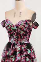 Load image into Gallery viewer, Black Pink A-line Off the Shoulder Tiered Corset Prom Dress with Split