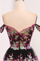 Load image into Gallery viewer, Black Pink A-line Off the Shoulder Tiered Corset Prom Dress with Split