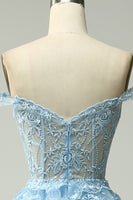 Load image into Gallery viewer, A-line Off The Shoulder Fuchsia Tiered Prom Dress with Sequins