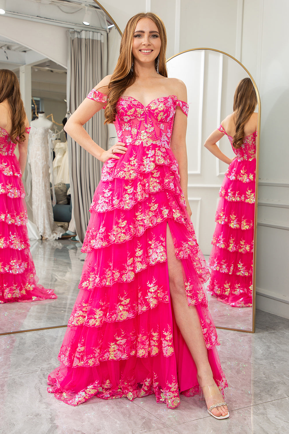 A-line Off The Shoulder Fuchsia Tiered Prom Dress with Sequins