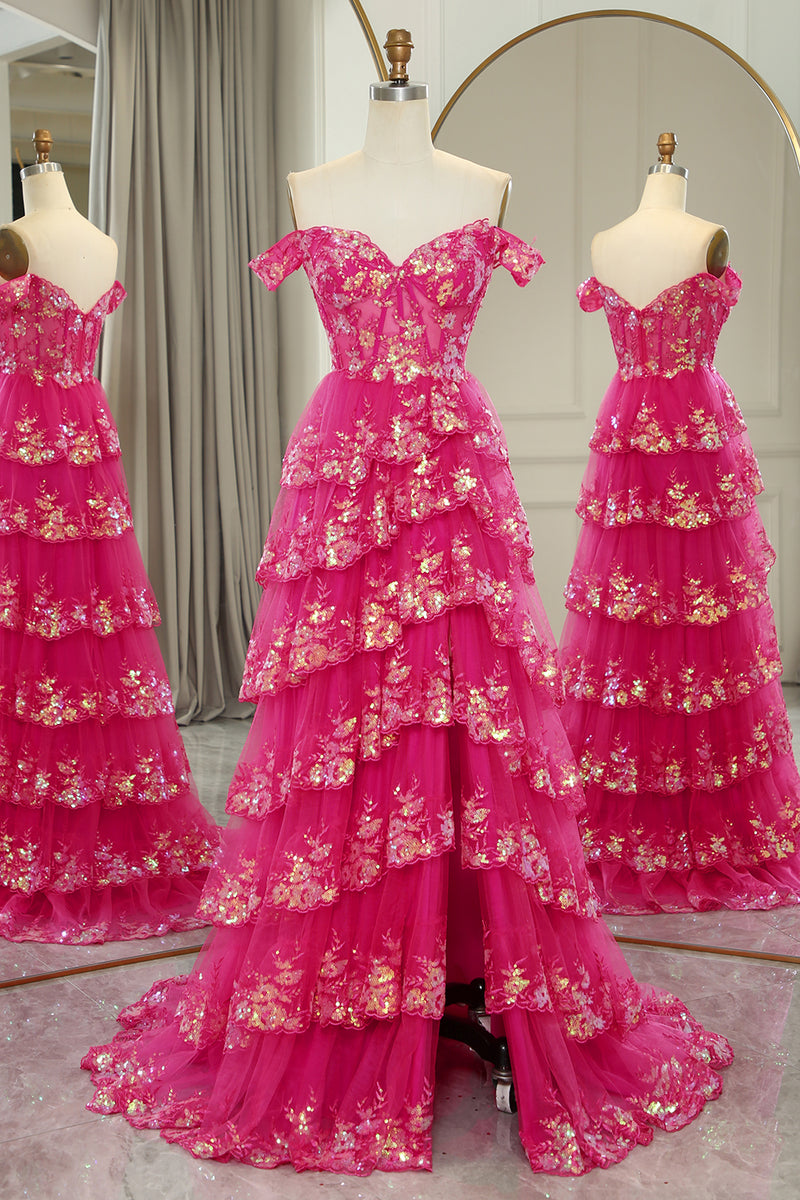 Load image into Gallery viewer, Sparkly Golden A-line Off The Shoulder Tiered Prom Dress with Sequins