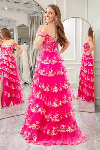 A-line Off The Shoulder Fuchsia Tiered Prom Dress with Sequins