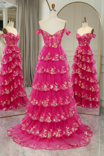 Sparkly Golden A-line Off The Shoulder Tiered Prom Dress with Sequins