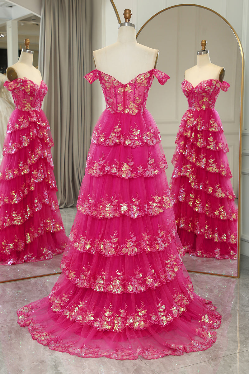 Load image into Gallery viewer, Sparkly Golden A-line Off The Shoulder Tiered Prom Dress with Sequins