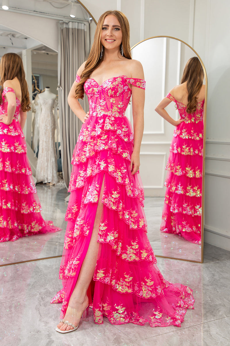 Load image into Gallery viewer, Golden A-line Off The Shoulder Tiered Prom Dress with Sequins