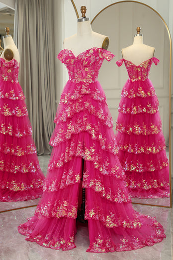 Sparkly Golden A-line Off The Shoulder Tiered Prom Dress with Sequins
