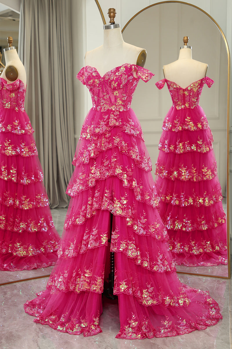 Load image into Gallery viewer, Sparkly Golden A-line Off The Shoulder Tiered Prom Dress with Sequins