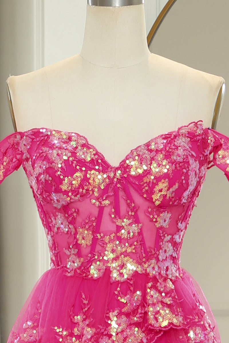 Load image into Gallery viewer, Sparkly Golden A-line Off The Shoulder Tiered Prom Dress with Sequins