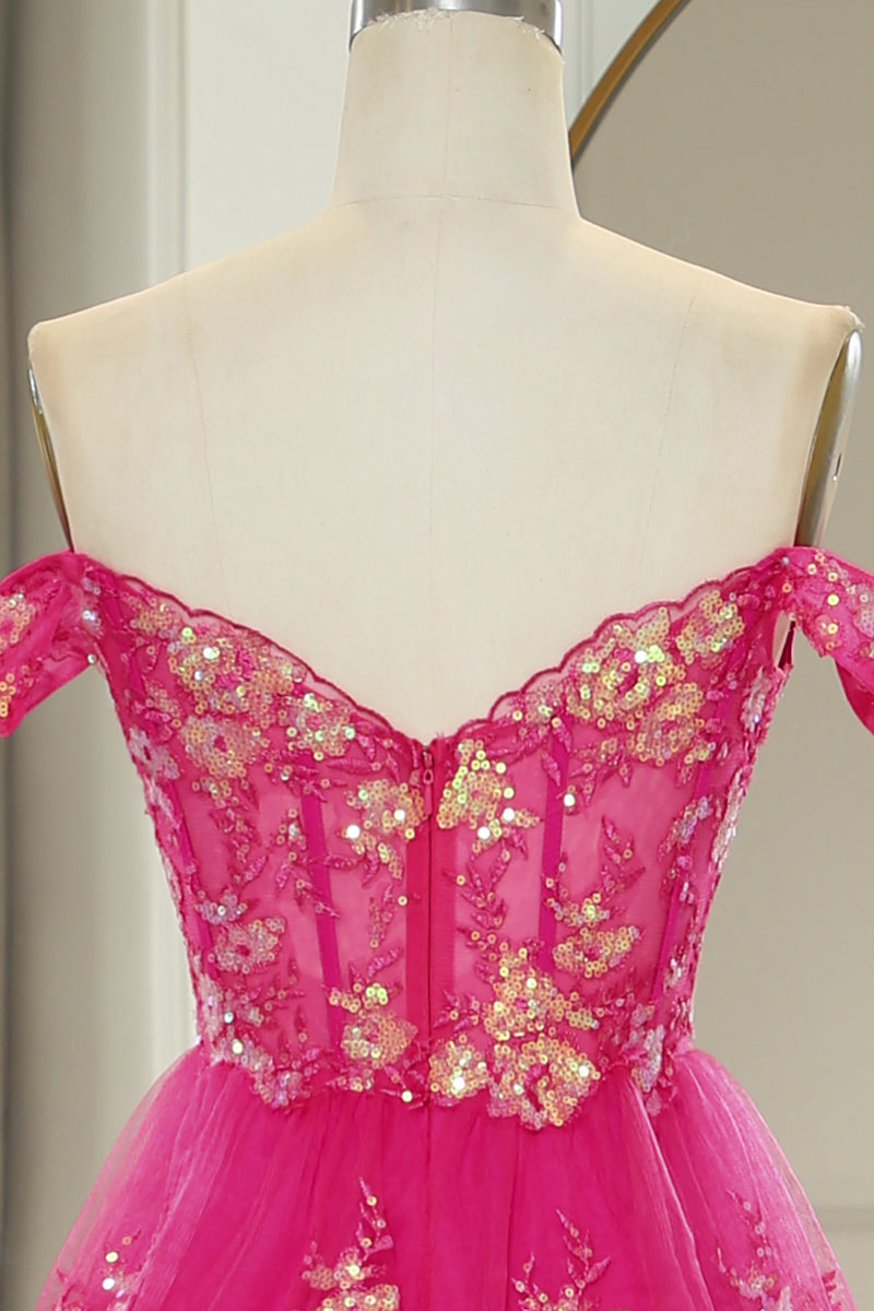 Load image into Gallery viewer, Sparkly Golden A-line Off The Shoulder Tiered Prom Dress with Sequins
