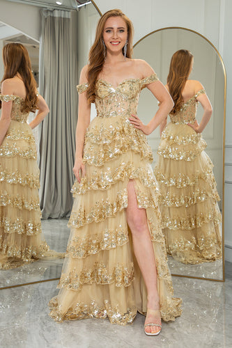 Golden A-line Off The Shoulder Tiered Prom Dress with Sequins