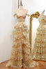 Load image into Gallery viewer, Sparkly Golden A-line Off The Shoulder Tiered Prom Dress with Sequins