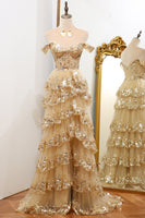 Load image into Gallery viewer, Sparkly Golden A-line Off The Shoulder Tiered Prom Dress with Sequins