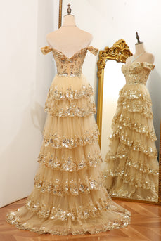 Sparkly Golden A-line Off The Shoulder Tiered Prom Dress with Sequins