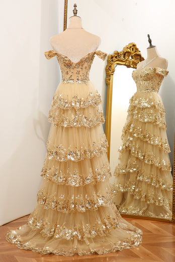Sparkly Golden A-line Off The Shoulder Tiered Prom Dress with Sequins