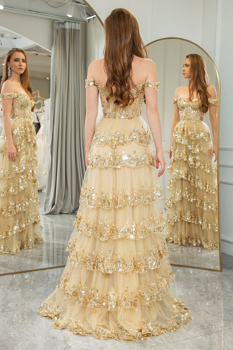 Load image into Gallery viewer, Golden A-line Off The Shoulder Tiered Prom Dress with Sequins