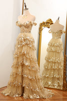 Load image into Gallery viewer, Sparkly Golden A-line Off The Shoulder Tiered Prom Dress with Sequins