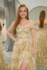 Load image into Gallery viewer, Golden A-line Off The Shoulder Tiered Prom Dress with Sequins