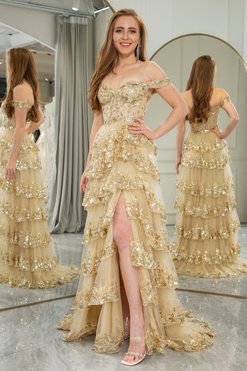 Golden A-line Off The Shoulder Tiered Prom Dress with Sequins