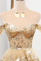 Load image into Gallery viewer, Sparkly Golden A-line Off The Shoulder Tiered Prom Dress with Sequins