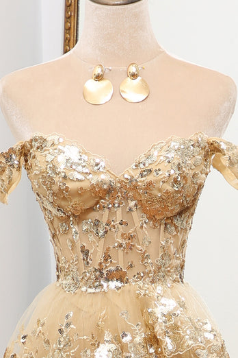 Sparkly Golden A-line Off The Shoulder Tiered Prom Dress with Sequins