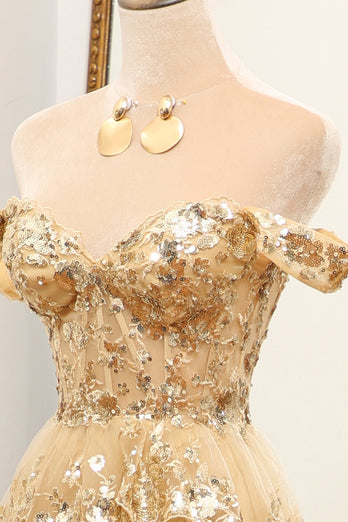 Sparkly Golden A-line Off The Shoulder Tiered Prom Dress with Sequins