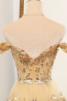 Load image into Gallery viewer, Sparkly Golden A-line Off The Shoulder Tiered Prom Dress with Sequins