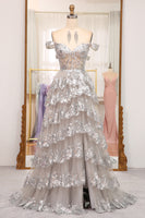 Load image into Gallery viewer, Sparkly Golden A-line Off The Shoulder Tiered Prom Dress with Sequins