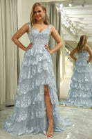 Load image into Gallery viewer, Silver A-line Off the Shoulder Corset Prom Dress with Split