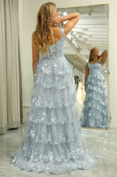 Load image into Gallery viewer, Silver A-line Off the Shoulder Corset Prom Dress with Split