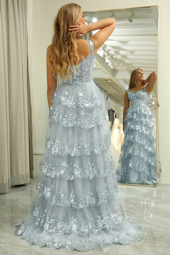 Silver A-line Off the Shoulder Corset Prom Dress with Split