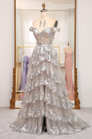 Load image into Gallery viewer, Sparkly Golden A-line Off The Shoulder Tiered Prom Dress with Sequins