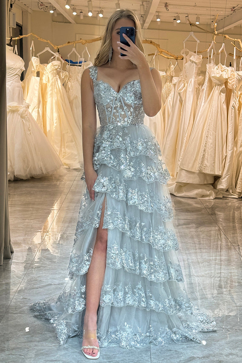 Load image into Gallery viewer, A-line  Off the Shoulder Silver Corset Prom Dress with Split