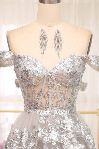 Sparkly Golden A-line Off The Shoulder Tiered Prom Dress with Sequins