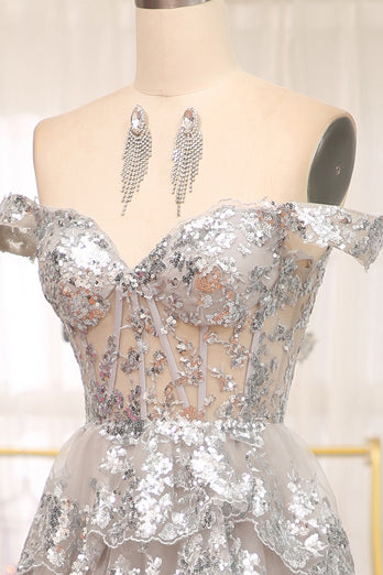 Sparkly Golden A-line Off The Shoulder Tiered Prom Dress with Sequins