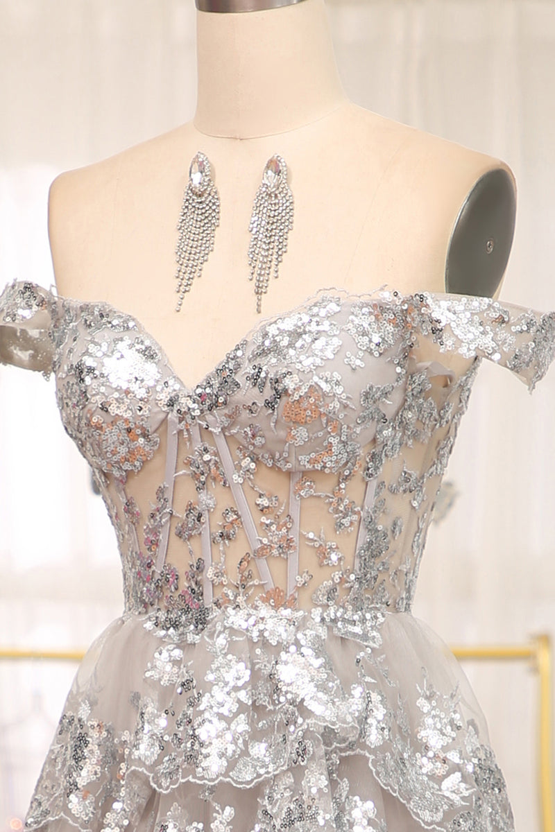Load image into Gallery viewer, Sparkly Golden A-line Off The Shoulder Tiered Prom Dress with Sequins