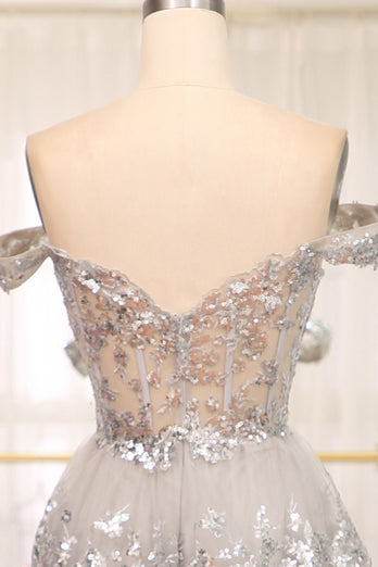 Sparkly Golden A-line Off The Shoulder Tiered Prom Dress with Sequins