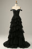 Load image into Gallery viewer, Golden A-line Off The Shoulder Tiered Prom Dress with Sequins