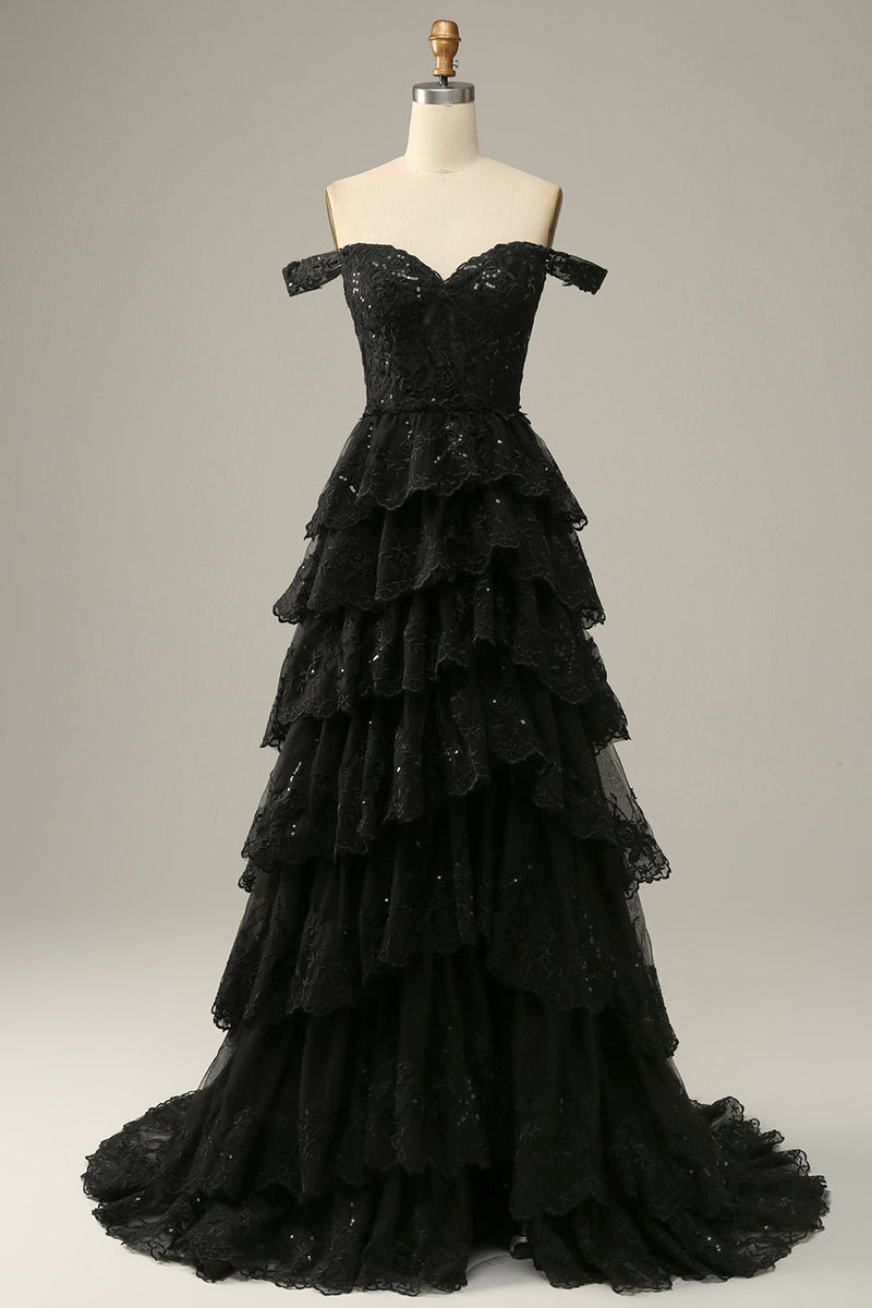 Load image into Gallery viewer, Golden A-line Off The Shoulder Tiered Prom Dress with Sequins