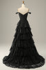 Load image into Gallery viewer, Golden A-line Off The Shoulder Tiered Prom Dress with Sequins