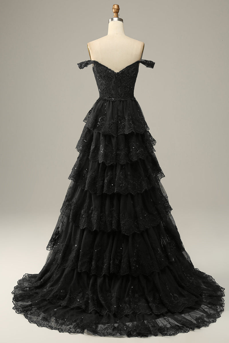 Load image into Gallery viewer, Golden A-line Off The Shoulder Tiered Prom Dress with Sequins