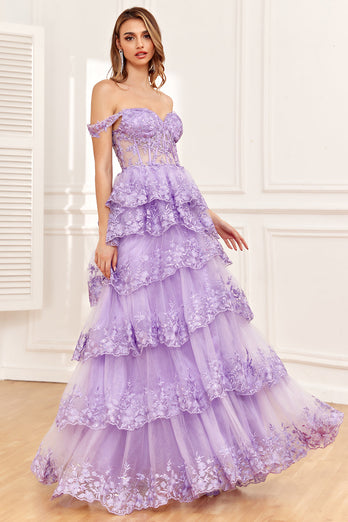 Golden A-line Off The Shoulder Tiered Prom Dress with Sequins