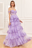 Load image into Gallery viewer, A-line Off The Shoulder Fuchsia Tiered Prom Dress with Sequins