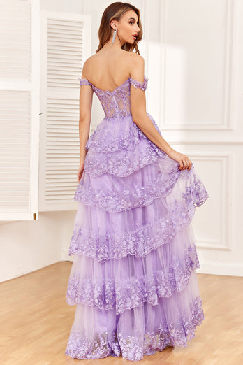 Golden A-line Off The Shoulder Tiered Prom Dress with Sequins