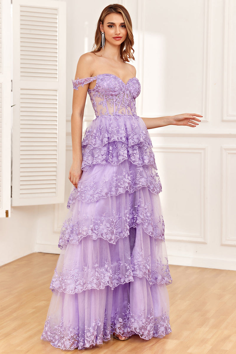 Load image into Gallery viewer, A-line  Off the Shoulder Silver Corset Prom Dress with Split