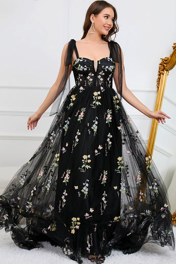 A-line Tulle Black Prom Dress with Embroidery