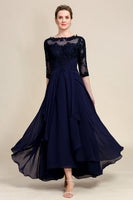 Load image into Gallery viewer, Asymmetrical Navy Mother of Bride Dress with Long Sleeves