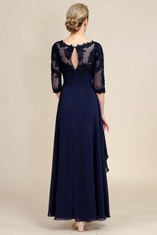 Asymmetrical Navy Mother of Bride Dress with Long Sleeves