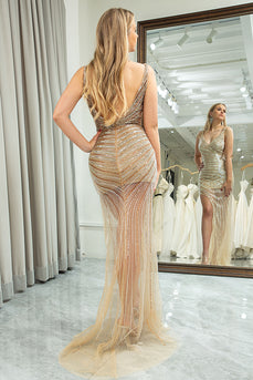 Mermaid V Neck Golden Sequins Long Prom Dress with Open Back