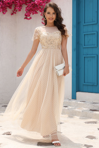 Sequins A Line Tulle Apricot Prom Dress with Lace