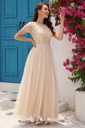 Sequins A Line Tulle Apricot Prom Dress with Lace